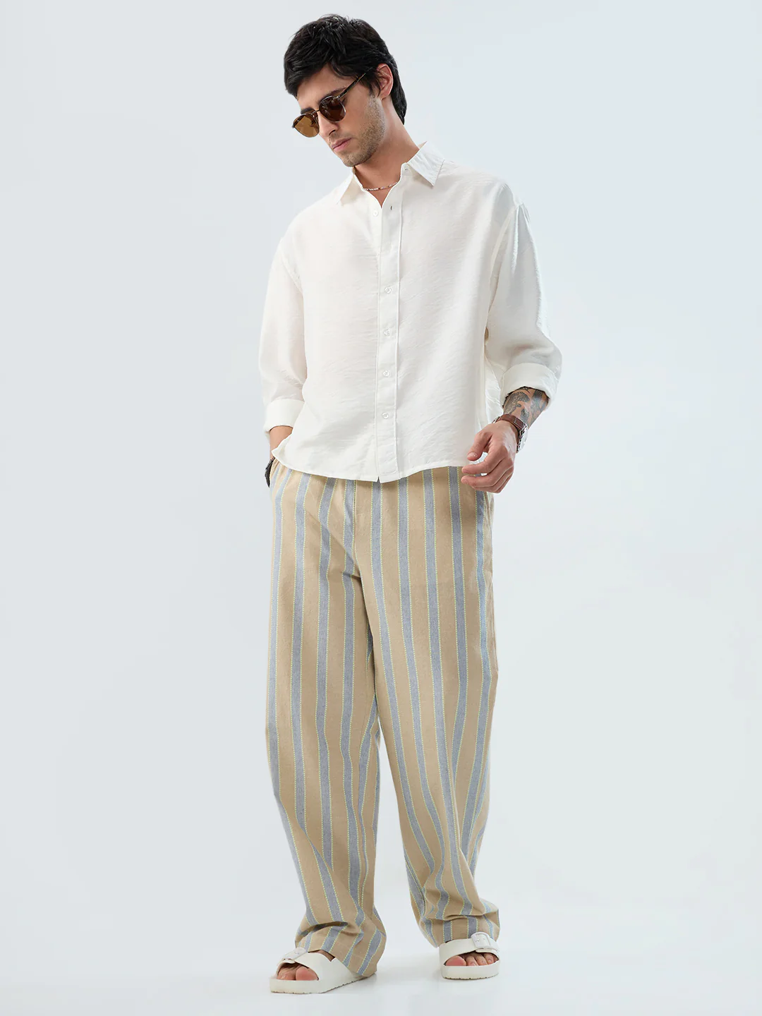 Camel Beige & Navy Striped Straight-Fit Trousers - Image 8
