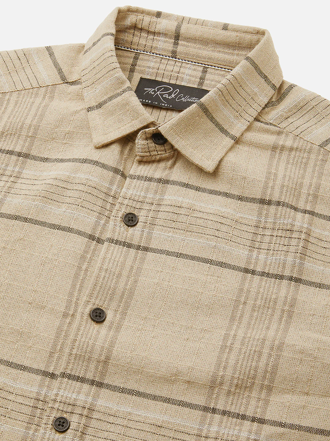 Premium Cotton Camel Beige Plaid Checks Textured Shirt - Image 3