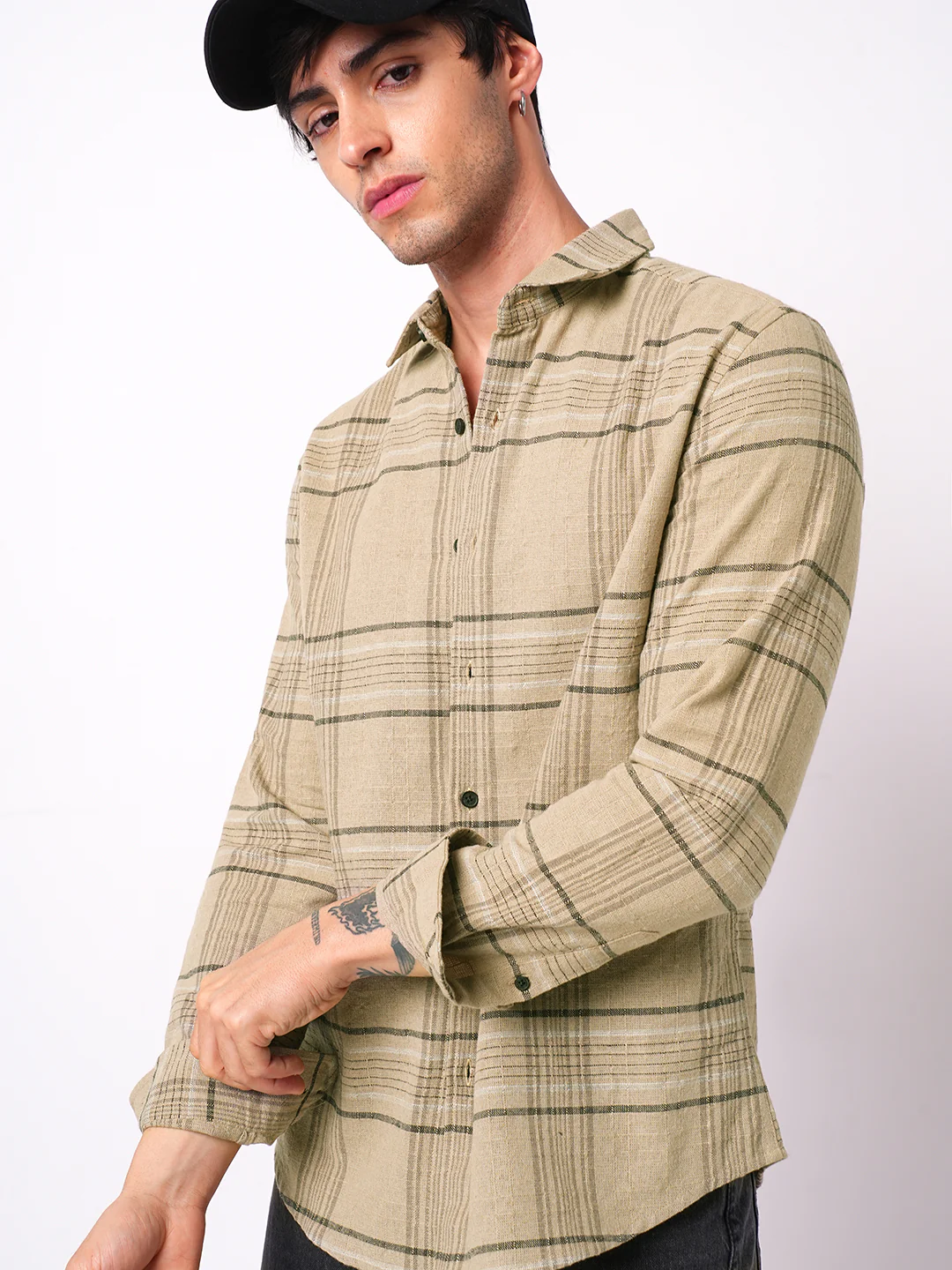 Premium Cotton Camel Beige Plaid Checks Textured Shirt - Image 4