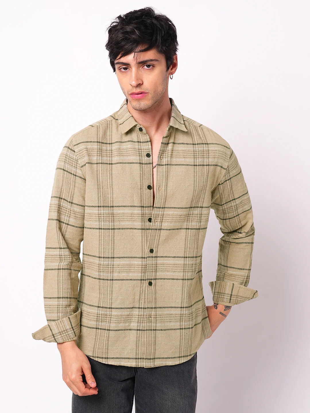 Premium Cotton Camel Beige Plaid Checks Textured Shirt - Image 5
