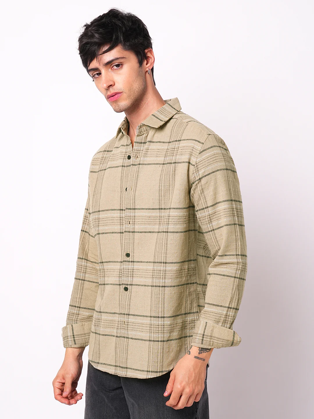 Premium Cotton Camel Beige Plaid Checks Textured Shirt - Image 6