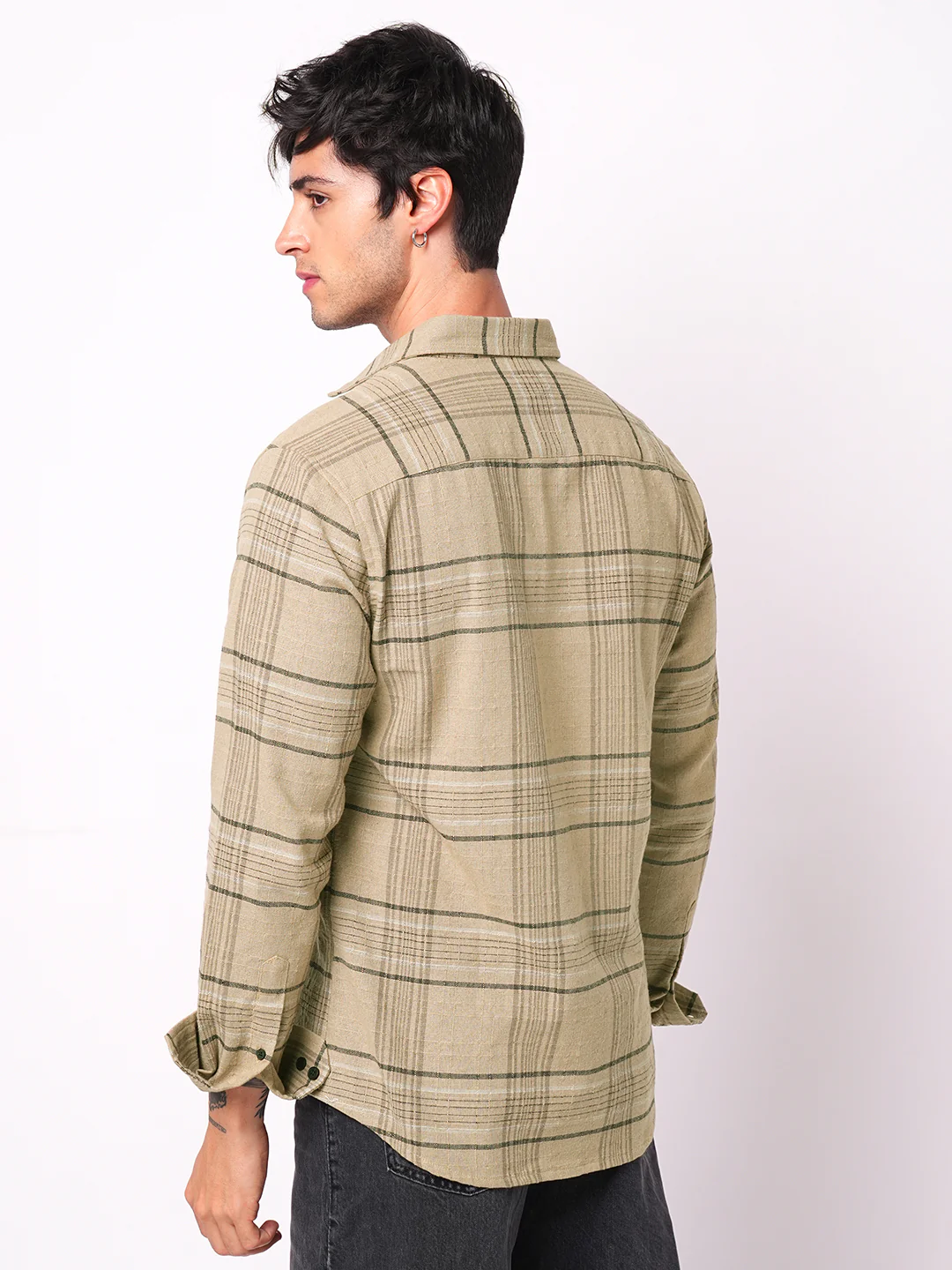 Premium Cotton Camel Beige Plaid Checks Textured Shirt - Image 7