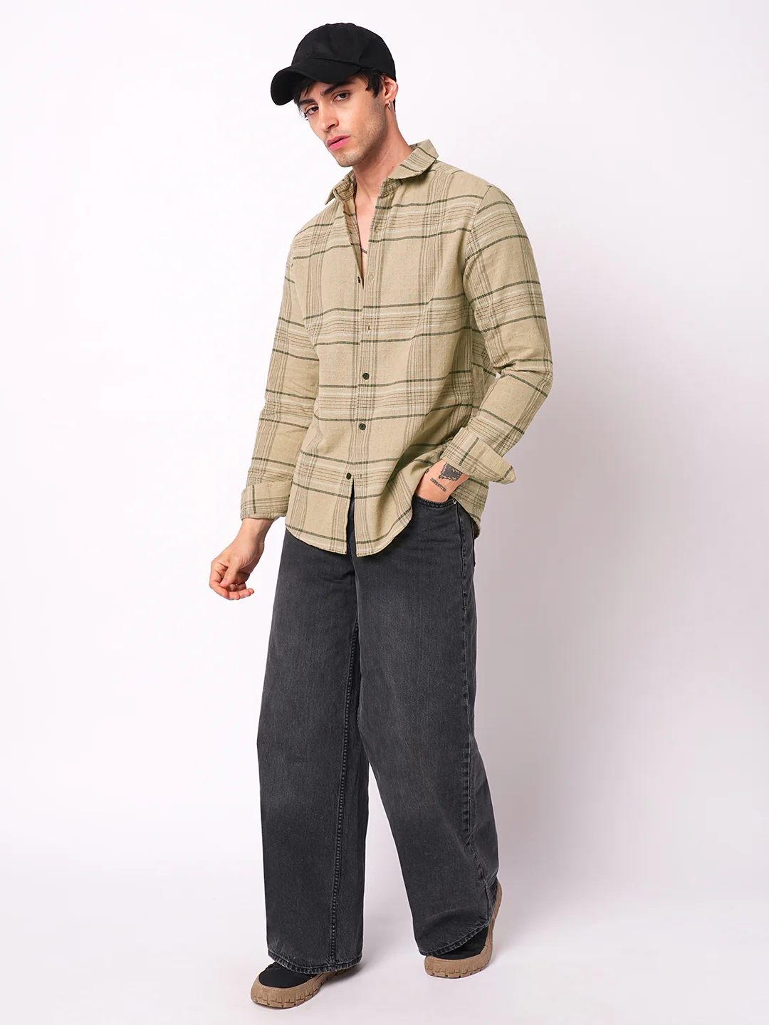 Premium Cotton Camel Beige Plaid Checks Textured Shirt - Image 8