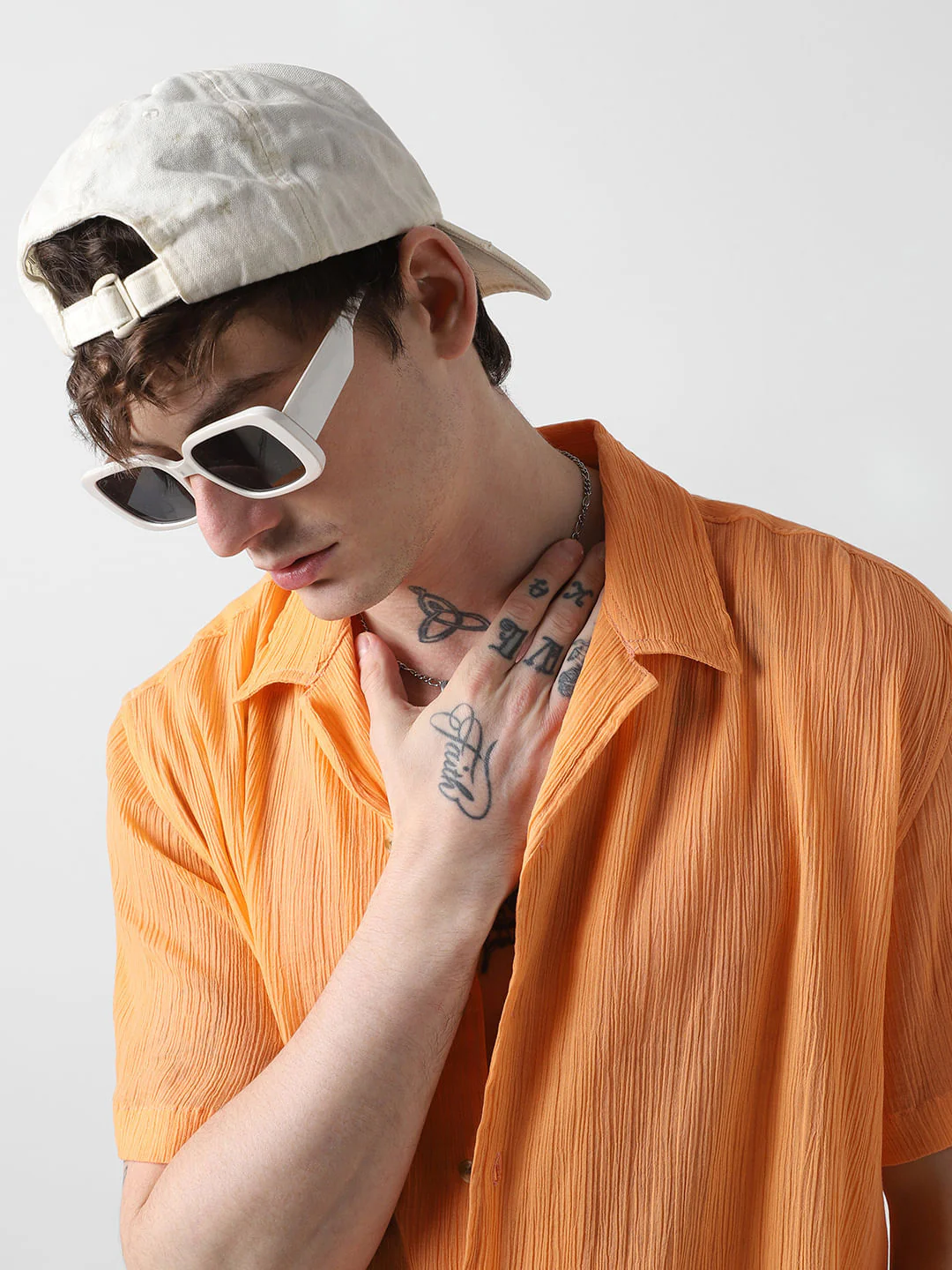 Candy Orange Crepe Notch Collar Oversized Shirt - Image 2