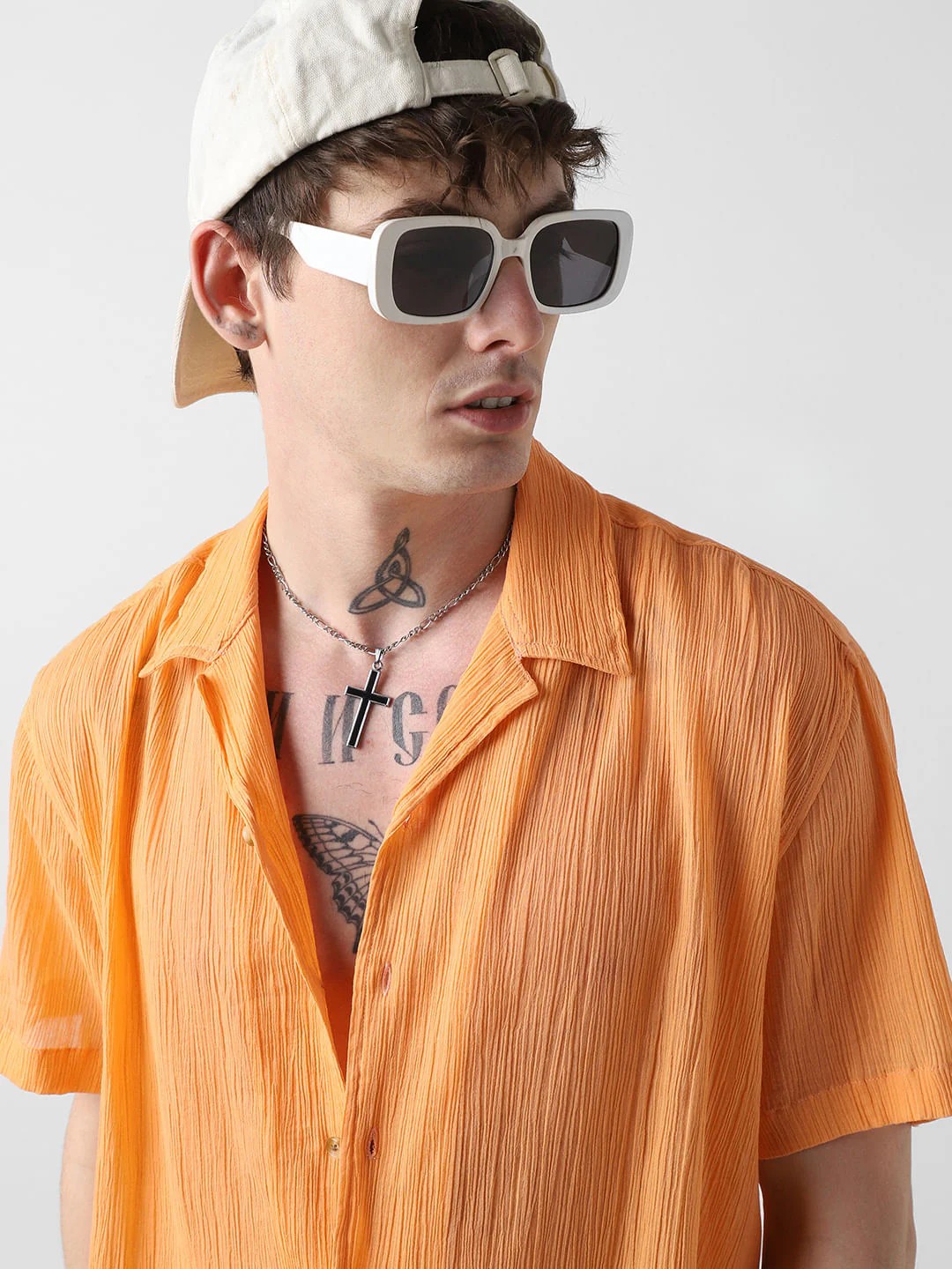 Candy Orange Crepe Notch Collar Oversized Shirt - Image 3