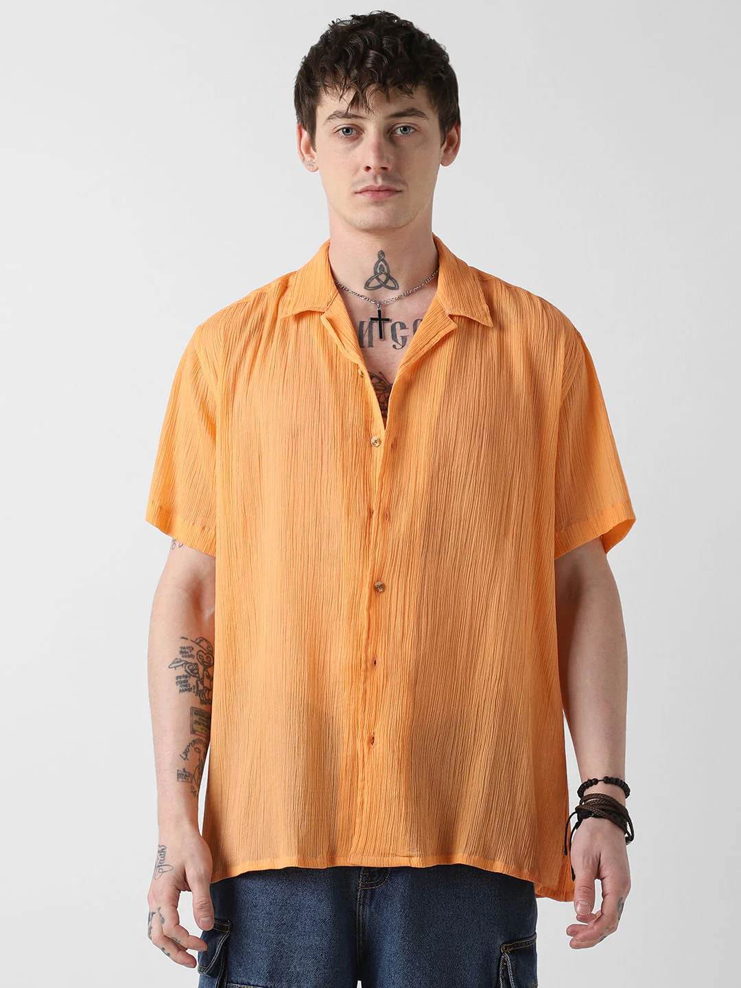 Candy Orange Crepe Notch Collar Oversized Shirt - Image 5
