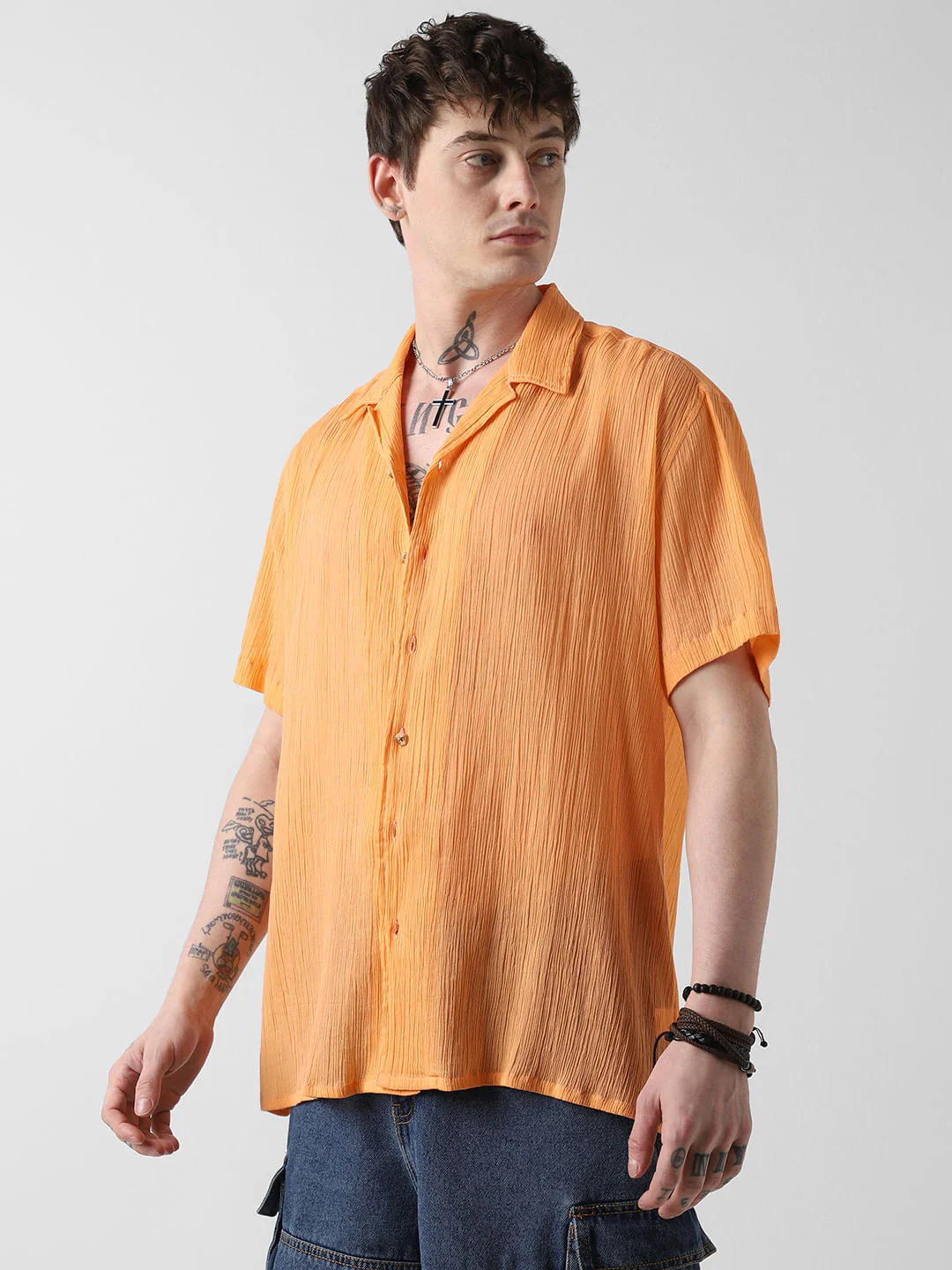 Candy Orange Crepe Notch Collar Oversized Shirt - Image 6