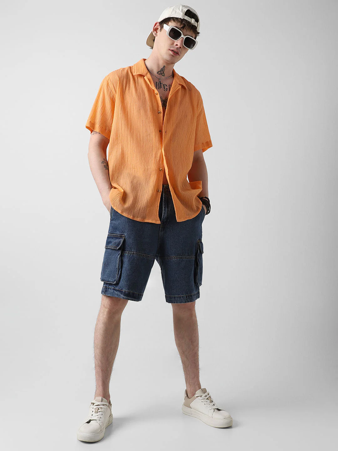 Candy Orange Crepe Notch Collar Oversized Shirt - Image 8