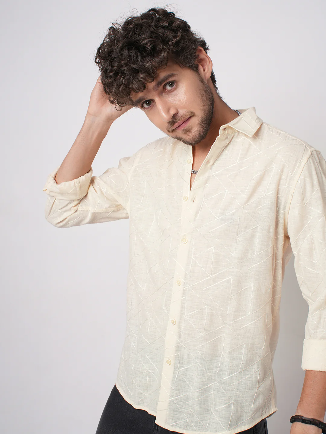 Canvas Cream Latticework Embroidery Shirt - Image 2