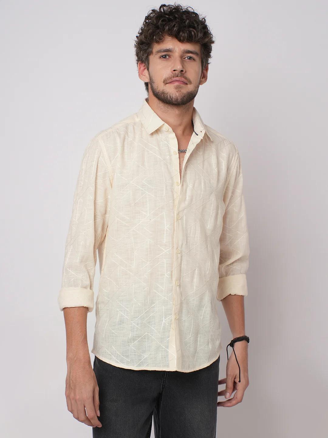 Canvas Cream Latticework Embroidery Shirt - Image 4