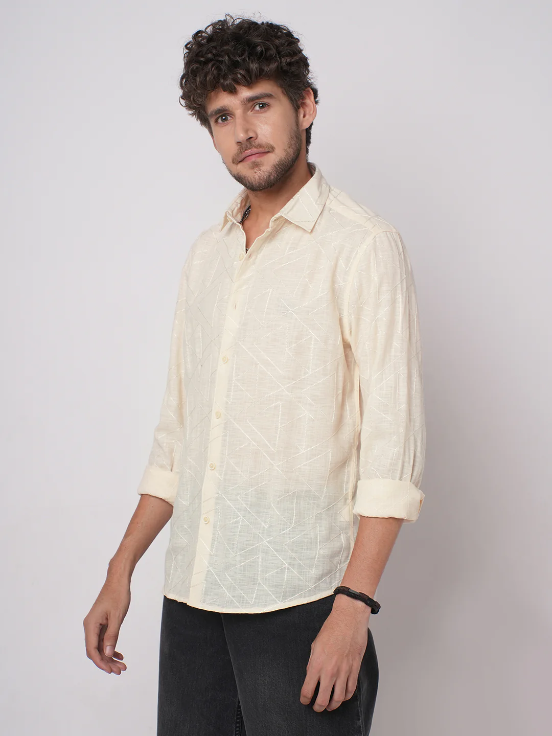 Canvas Cream Latticework Embroidery Shirt - Image 5