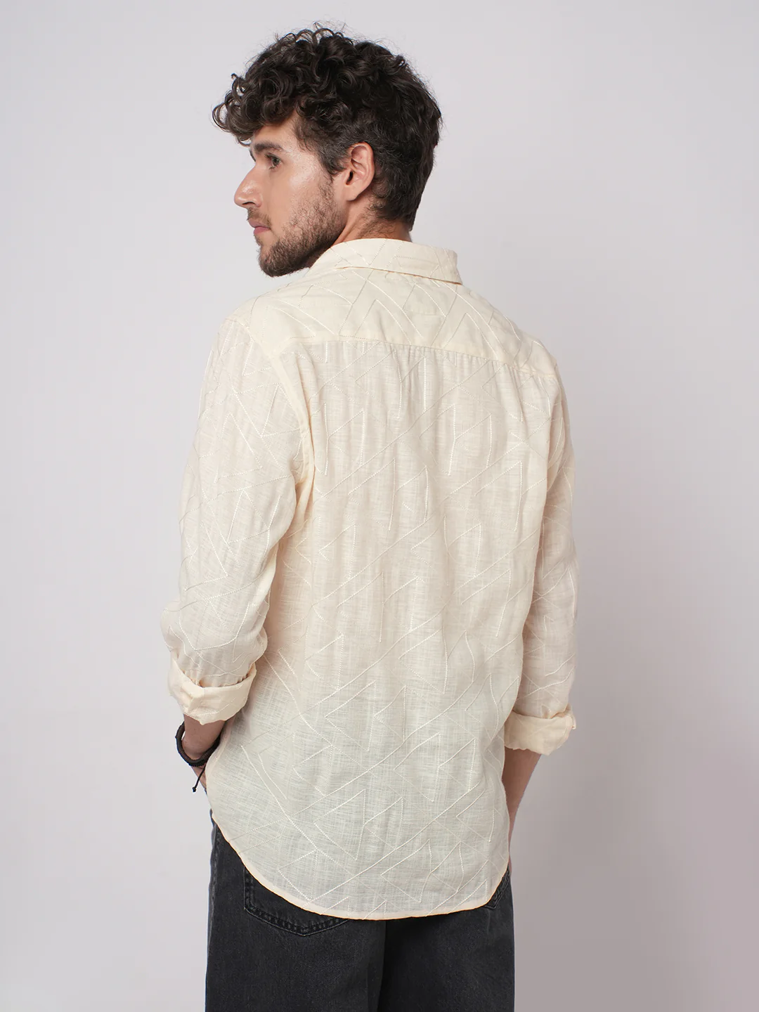 Canvas Cream Latticework Embroidery Shirt - Image 6