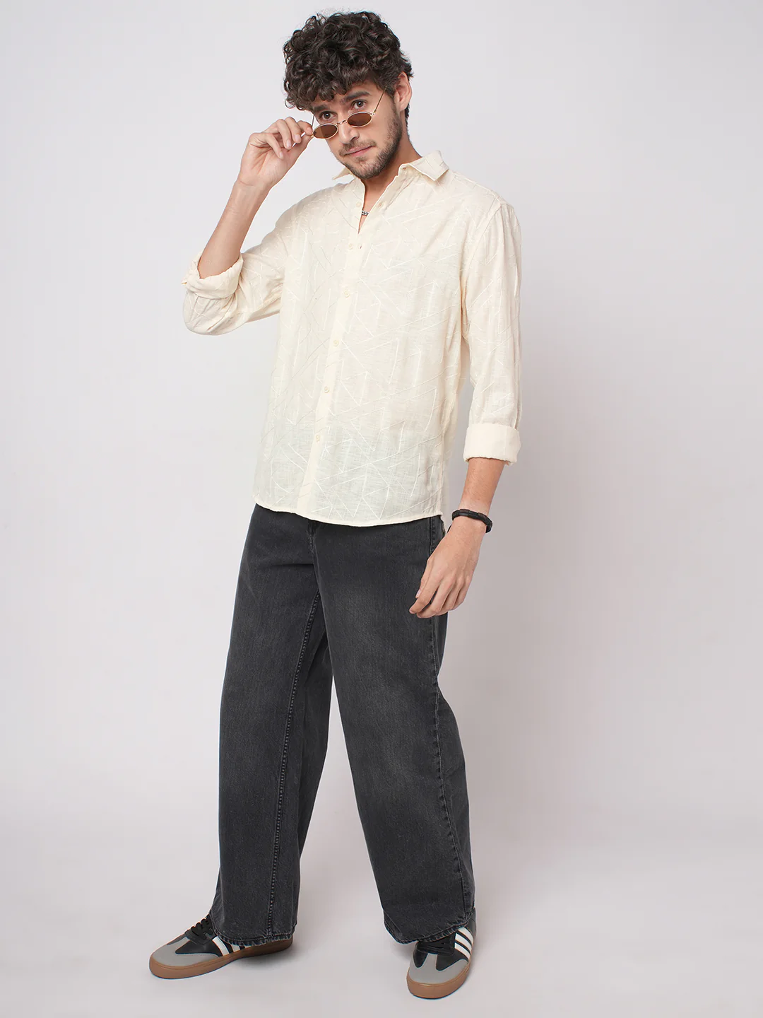 Canvas Cream Latticework Embroidery Shirt - Image 7