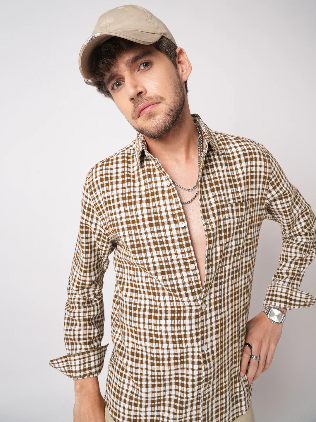 Caramel Brown Gingham Checked Cross-weave Shirt - Image 2