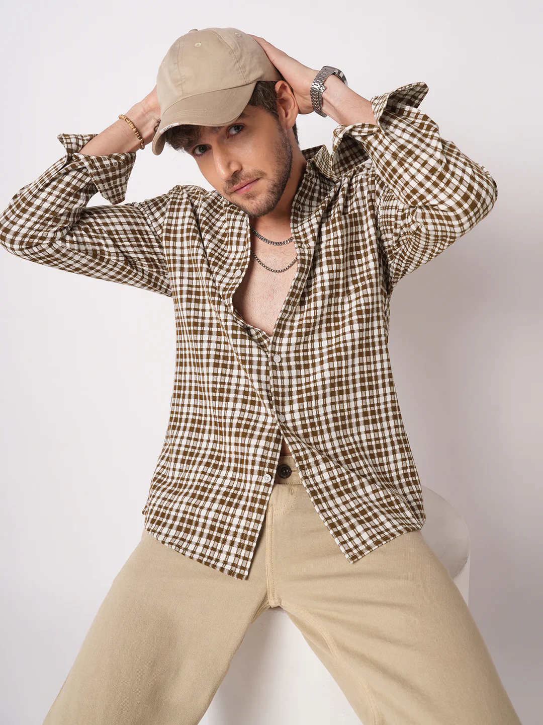 Caramel Brown Gingham Checked Cross-weave Shirt - Image 4