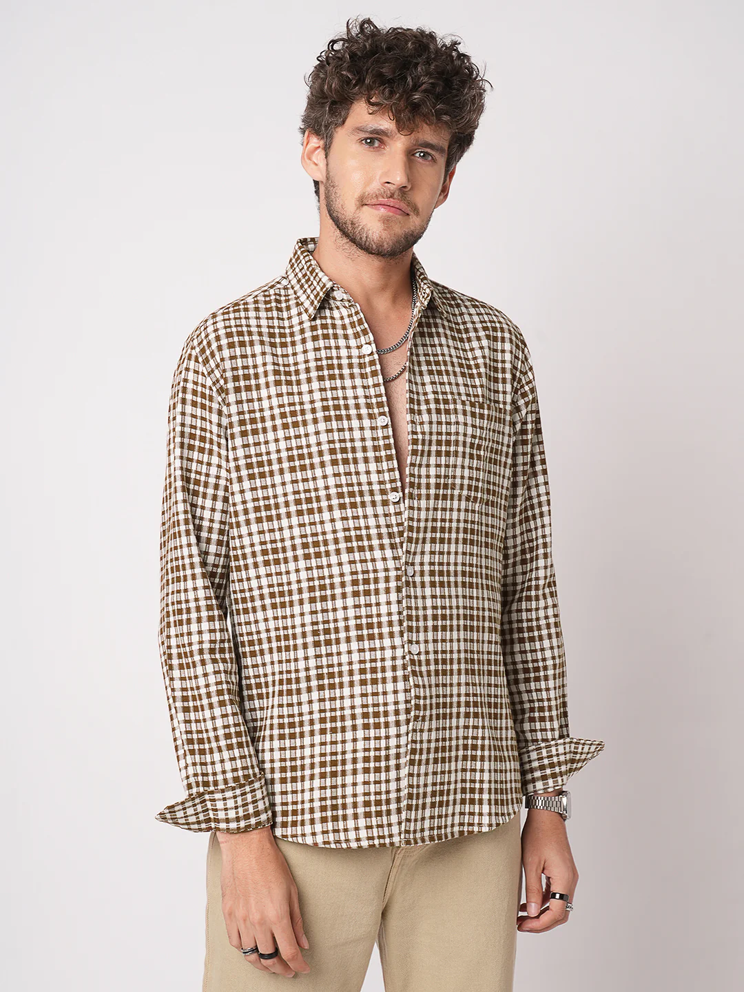 Caramel Brown Gingham Checked Cross-weave Shirt - Image 5