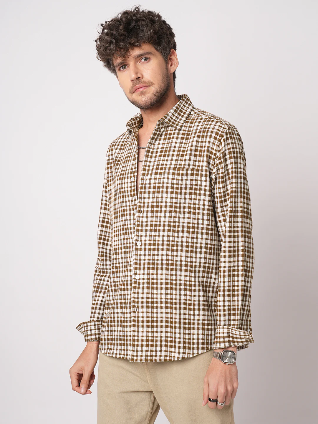 Caramel Brown Gingham Checked Cross-weave Shirt - Image 6