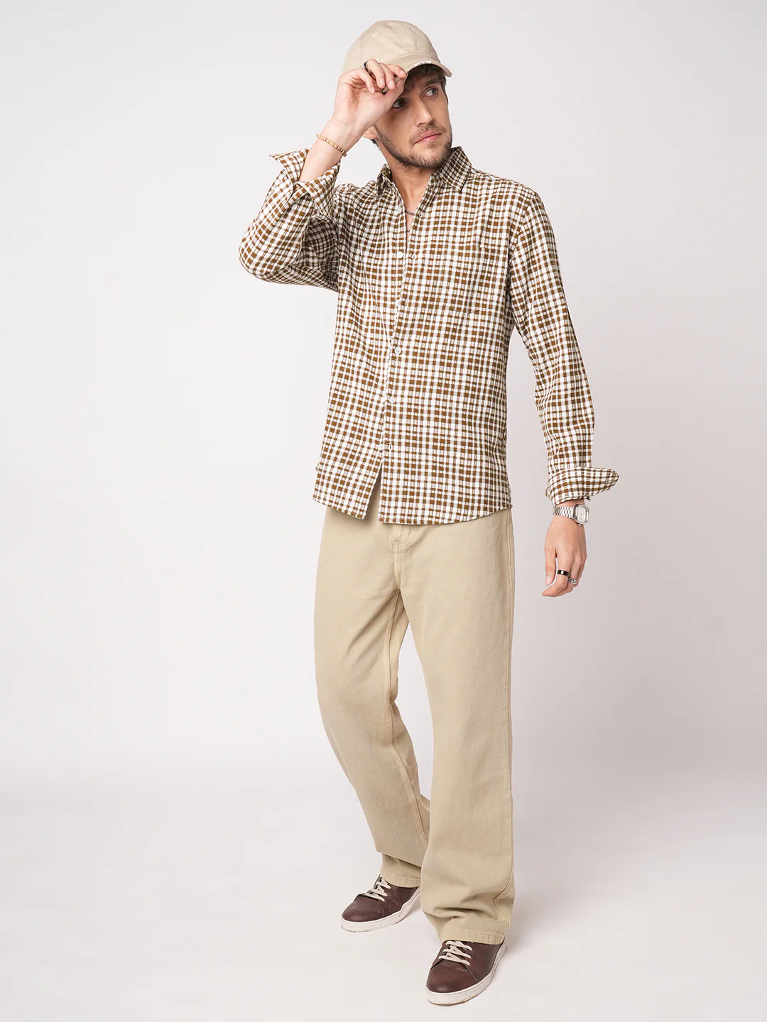Caramel Brown Gingham Checked Cross-weave Shirt - Image 8