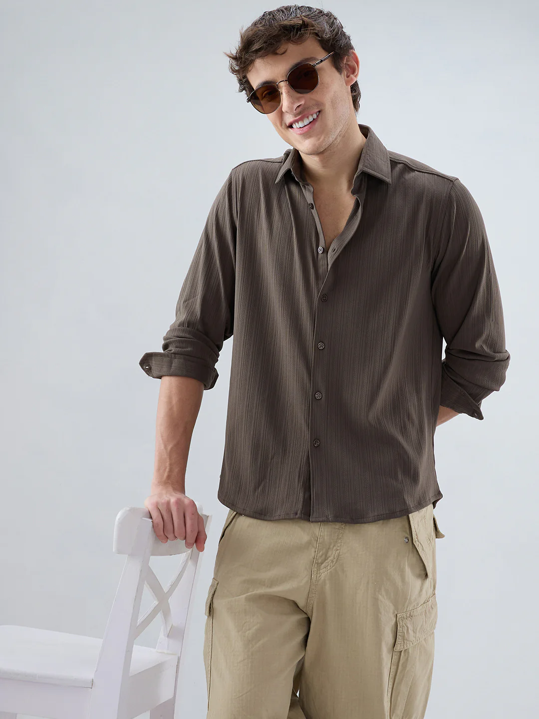 Carbon Grey Fine Vertical Ribbed Knitted Shirt - Image 2