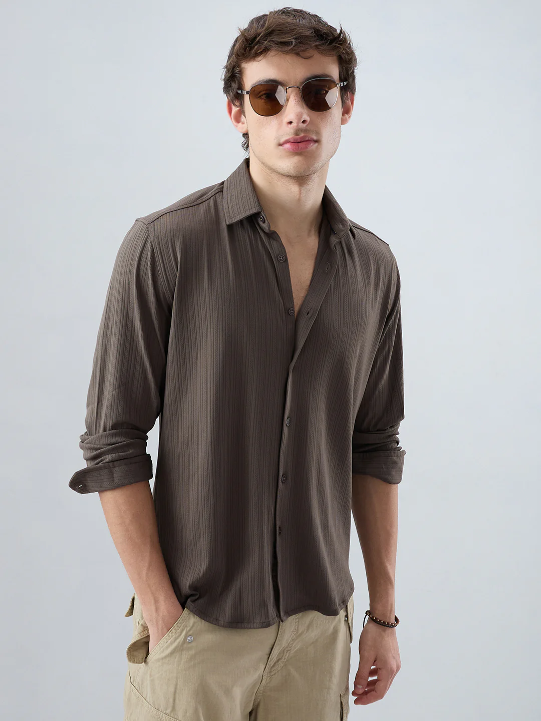Carbon Grey Fine Vertical Ribbed Knitted Shirt - Image 4