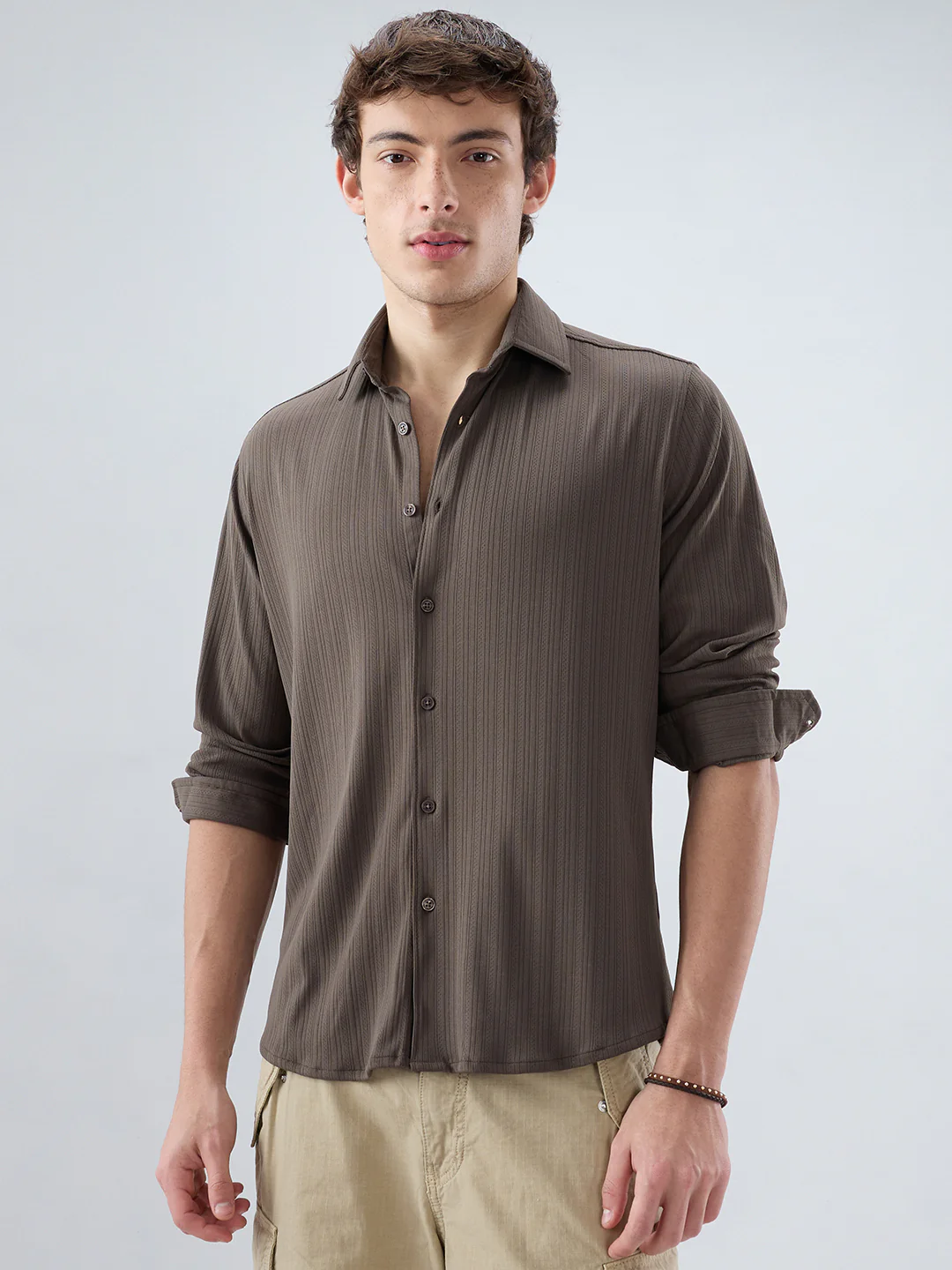 Carbon Grey Fine Vertical Ribbed Knitted Shirt - Image 5