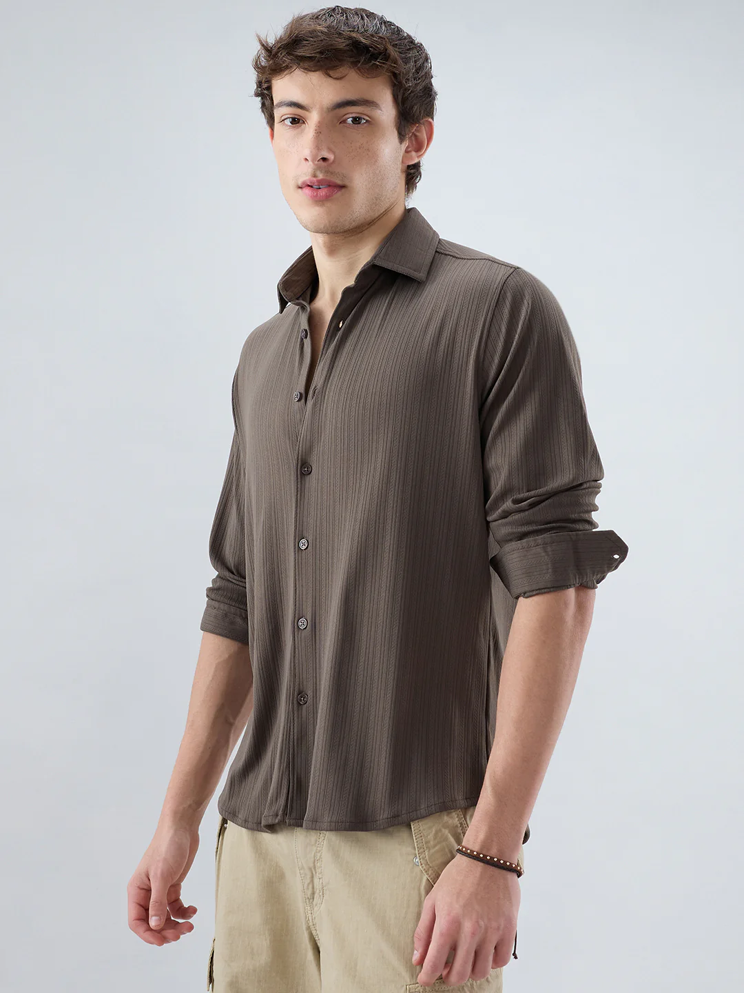 Carbon Grey Fine Vertical Ribbed Knitted Shirt - Image 6