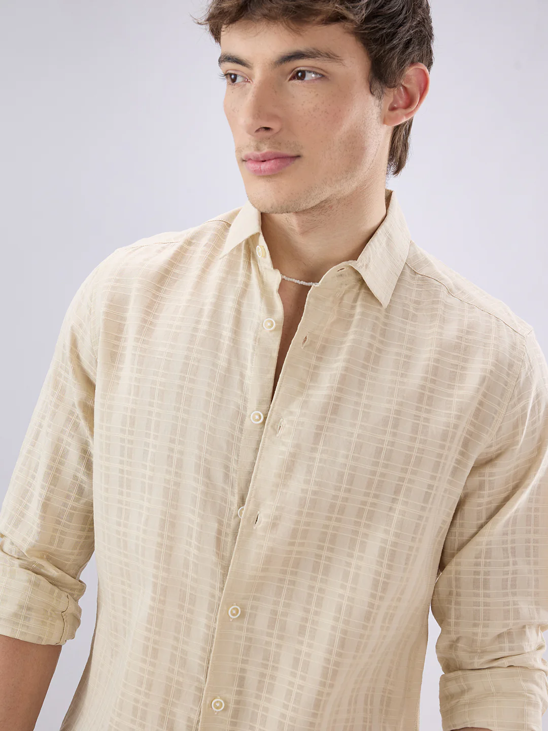 Casual Beige Textured Striped Shirt - Image 3