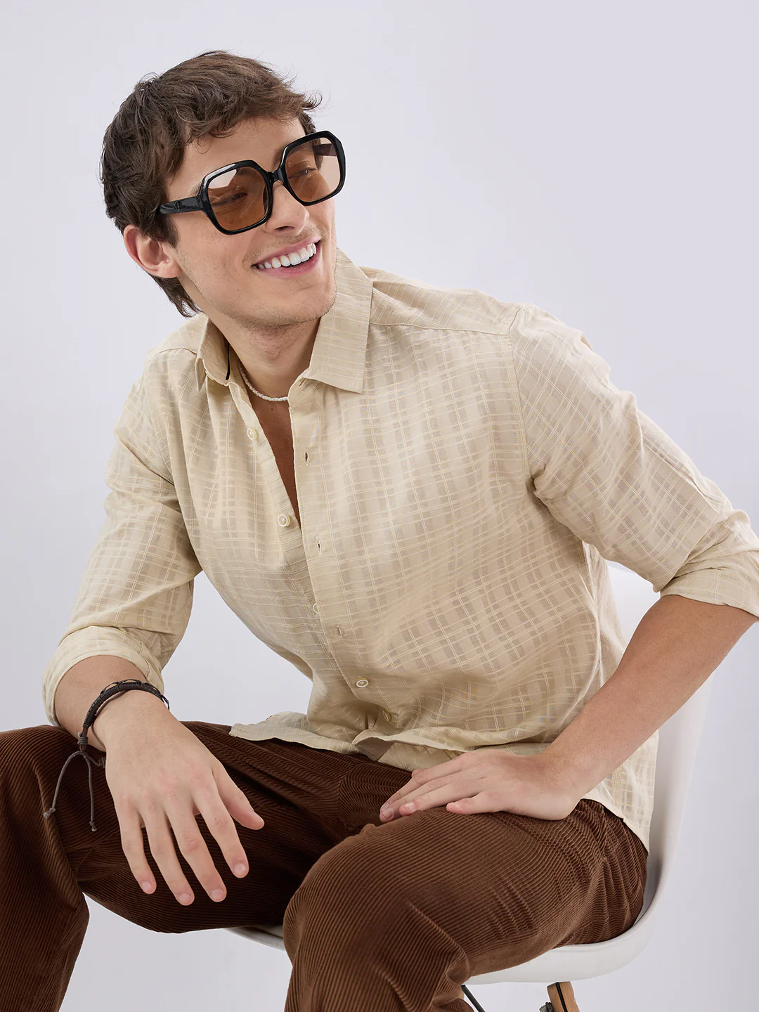 Casual Beige Textured Striped Shirt - Image 4