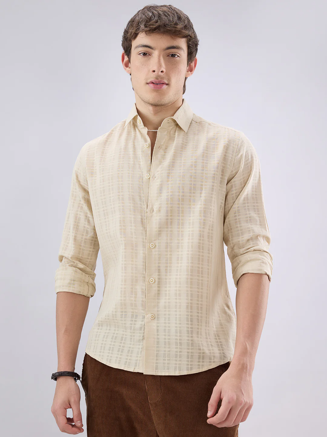 Casual Beige Textured Striped Shirt - Image 5