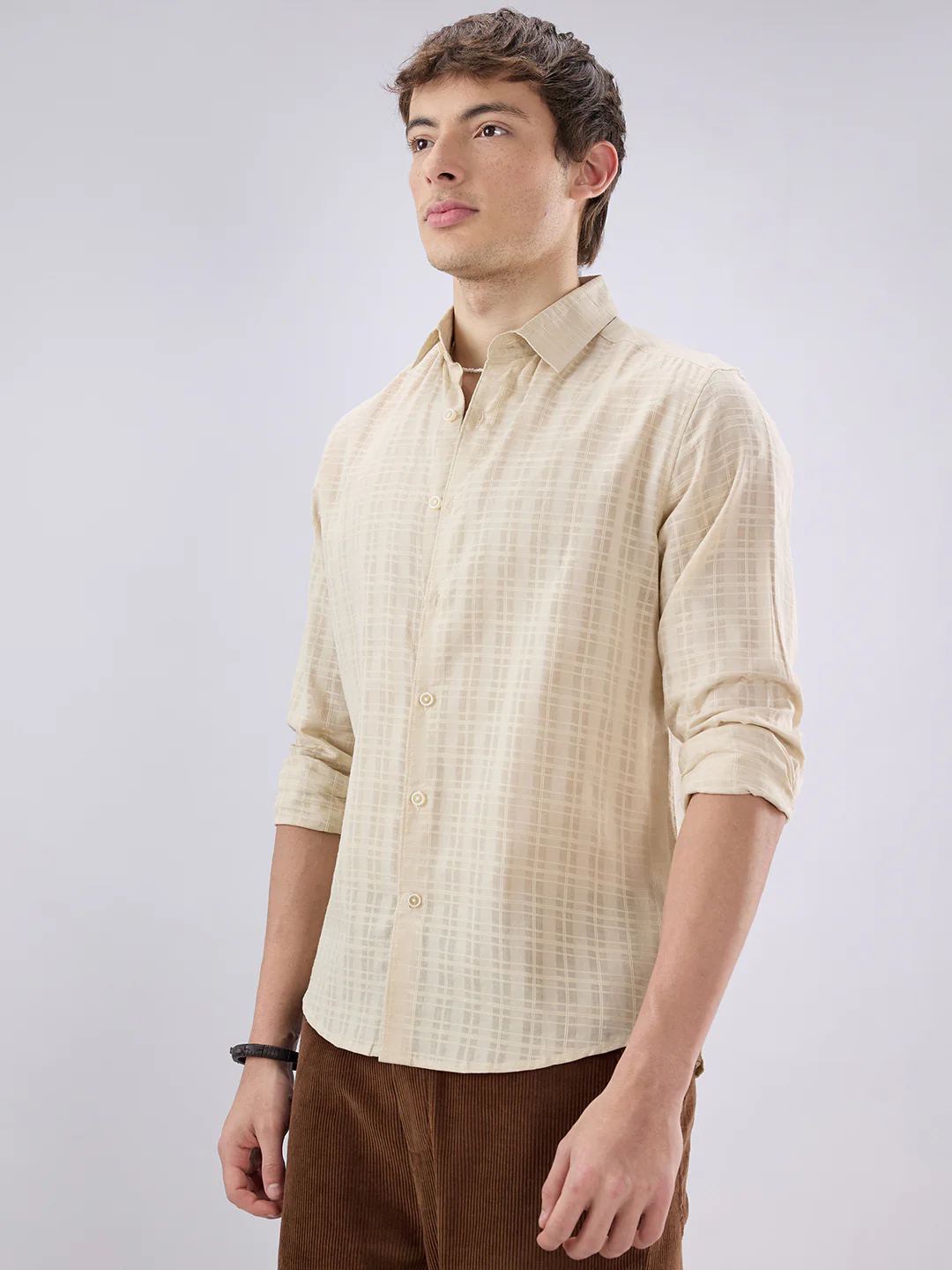 Casual Beige Textured Striped Shirt - Image 6