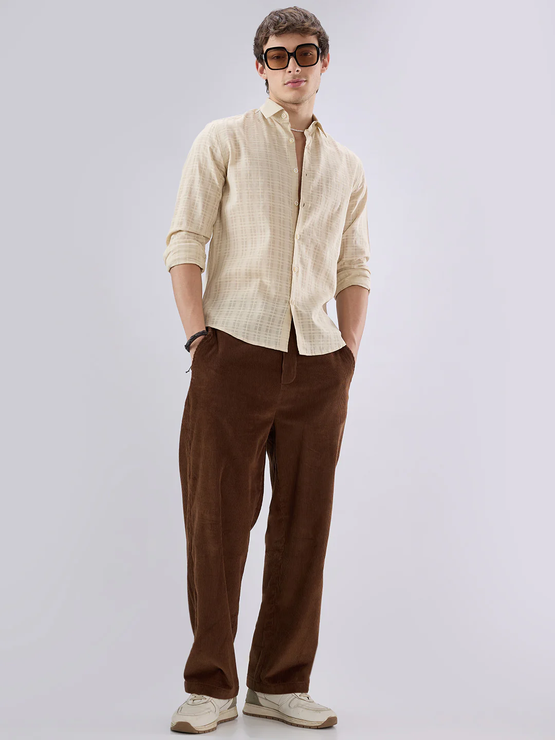 Casual Beige Textured Striped Shirt - Image 8