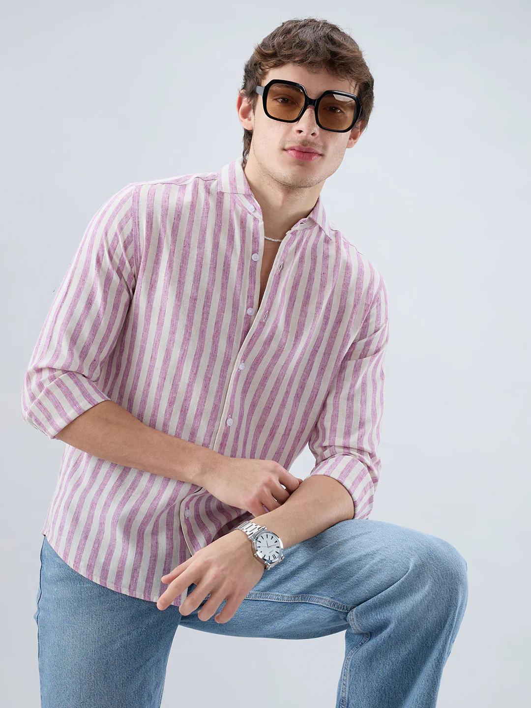 Cerise Pink & Ivory Balanced Striped Linen Blend Shirt - Image 2