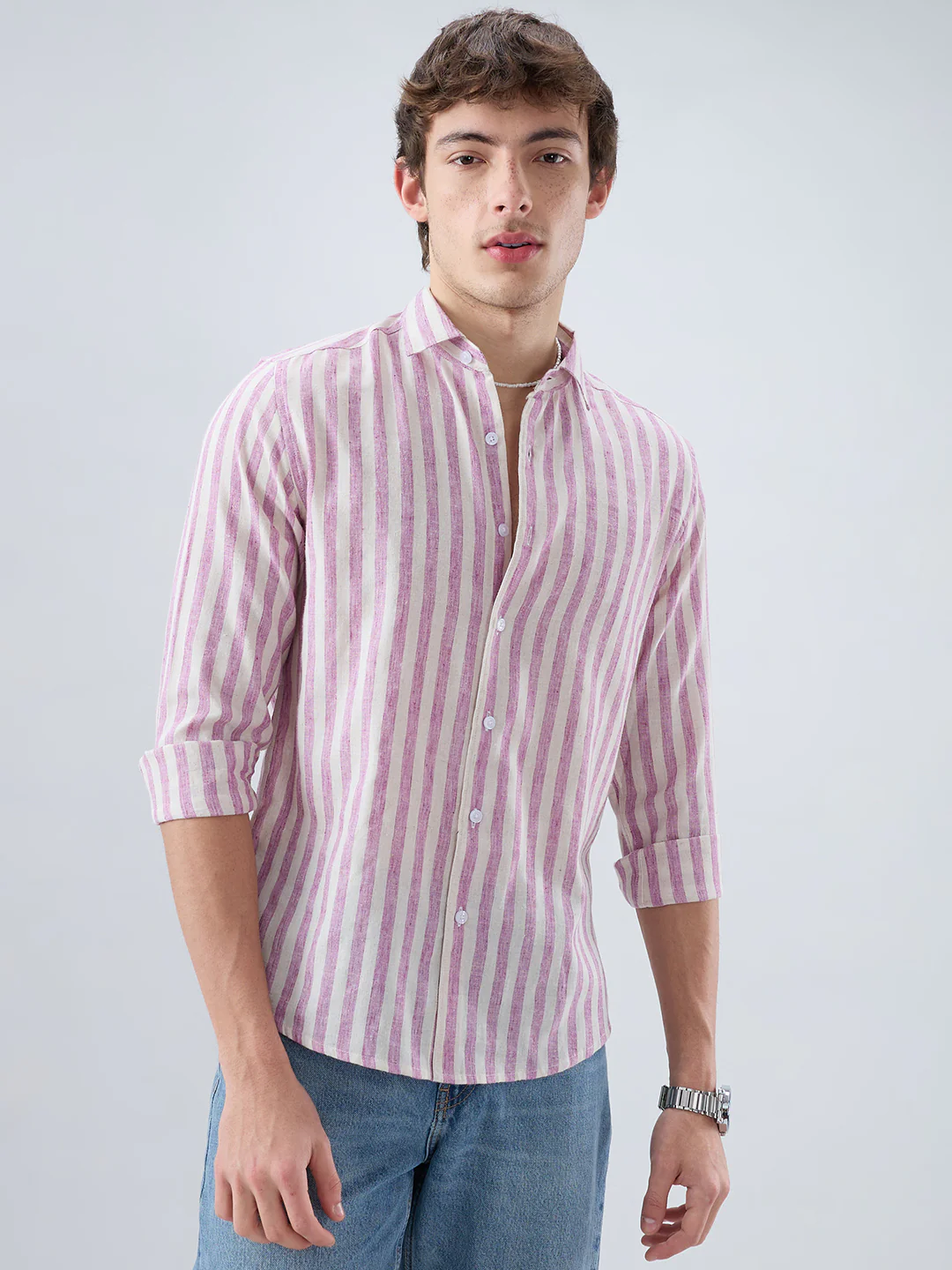 Cerise Pink & Ivory Balanced Striped Linen Blend Shirt - Image 5