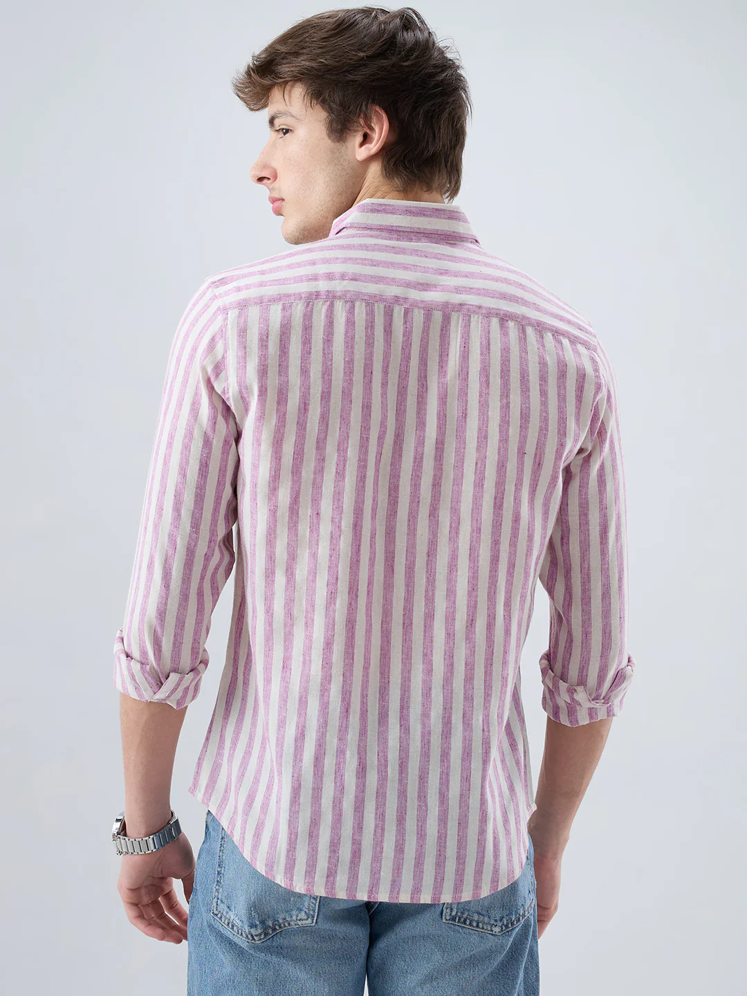 Cerise Pink & Ivory Balanced Striped Linen Blend Shirt - Image 7