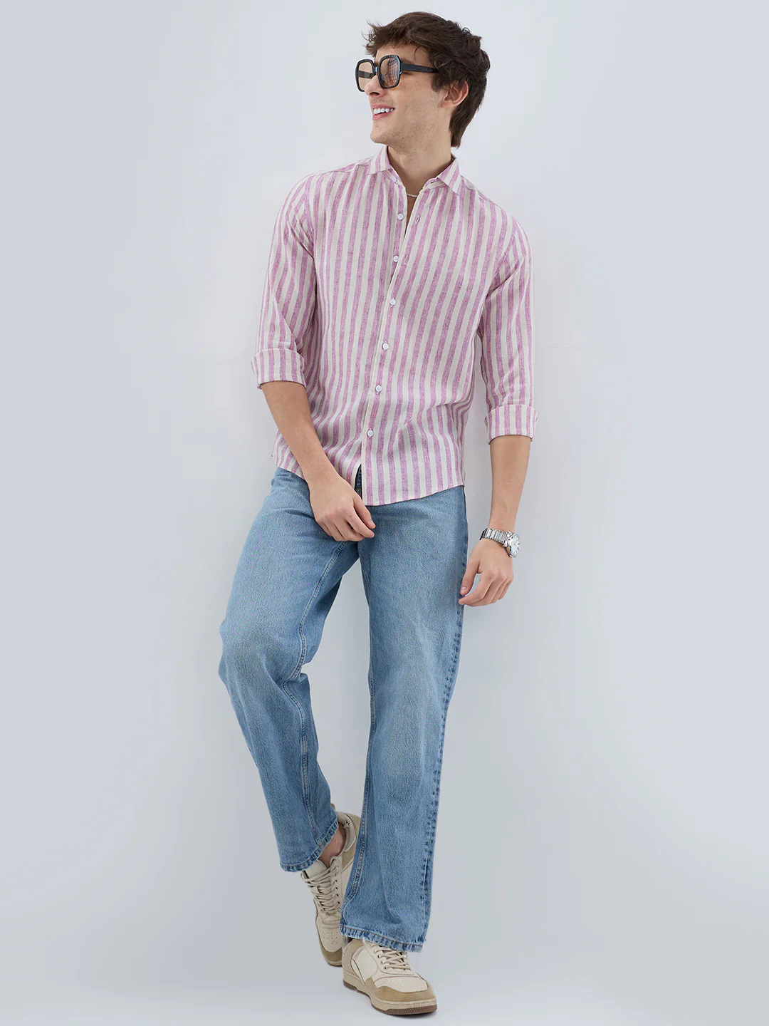 Cerise Pink & Ivory Balanced Striped Linen Blend Shirt - Image 8