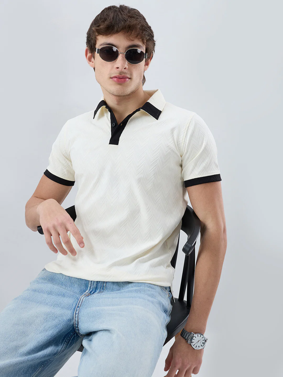 Chalk-White Chevron Contrast Polo Neck Knit T-shirt - Image 2