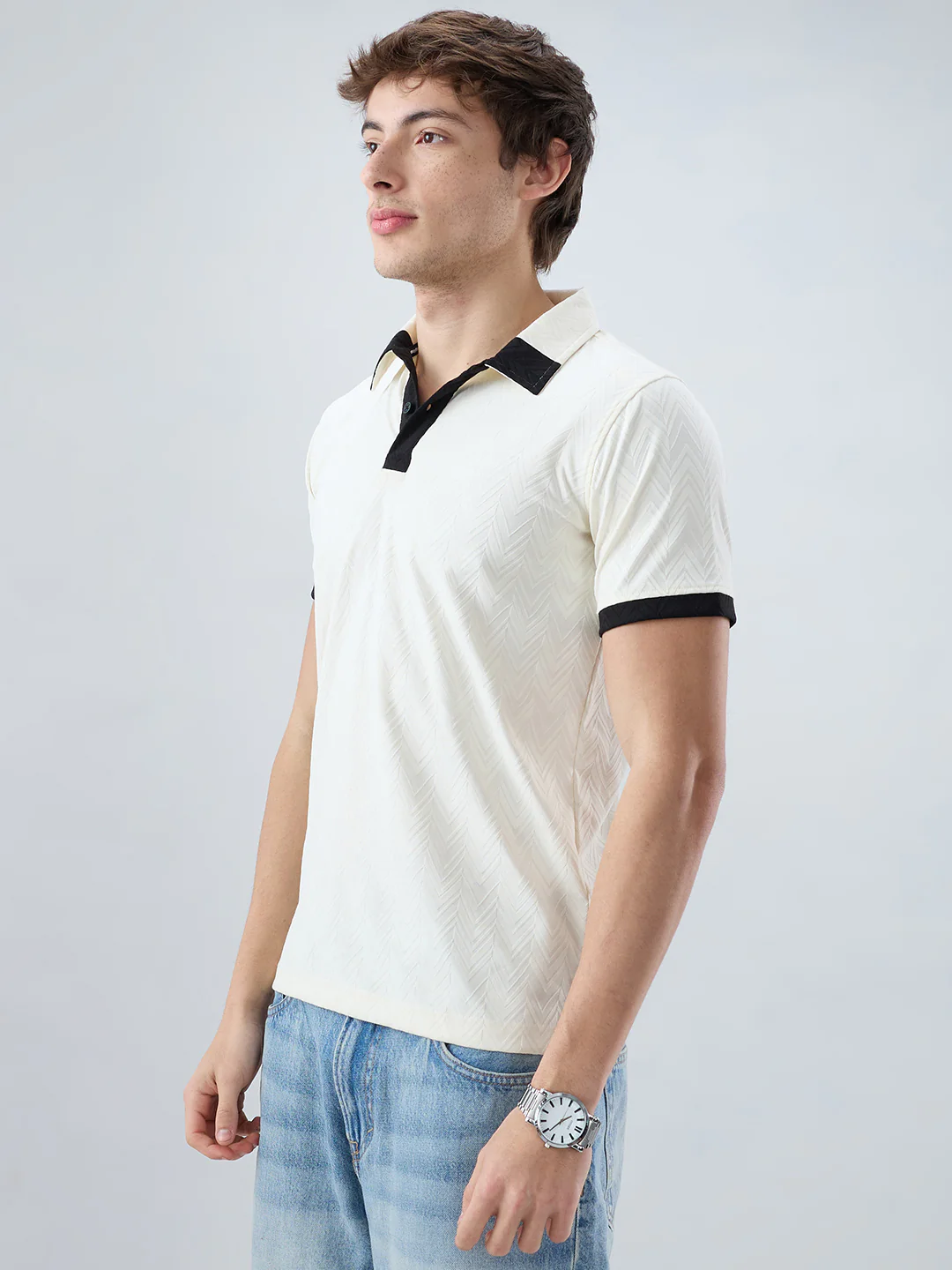 Chalk-White Chevron Contrast Polo Neck Knit T-shirt - Image 6