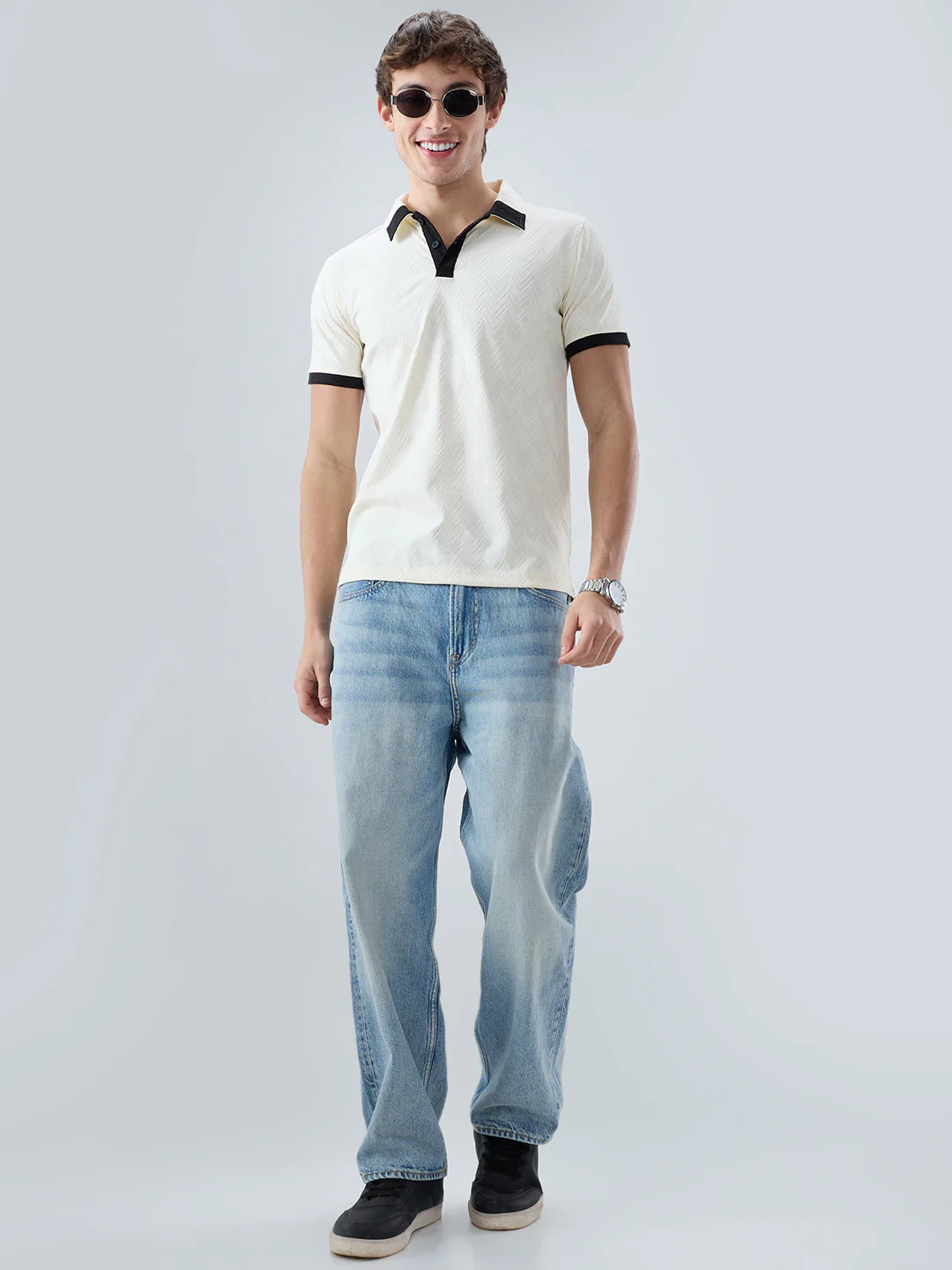 Chalk-White Chevron Contrast Polo Neck Knit T-shirt - Image 8