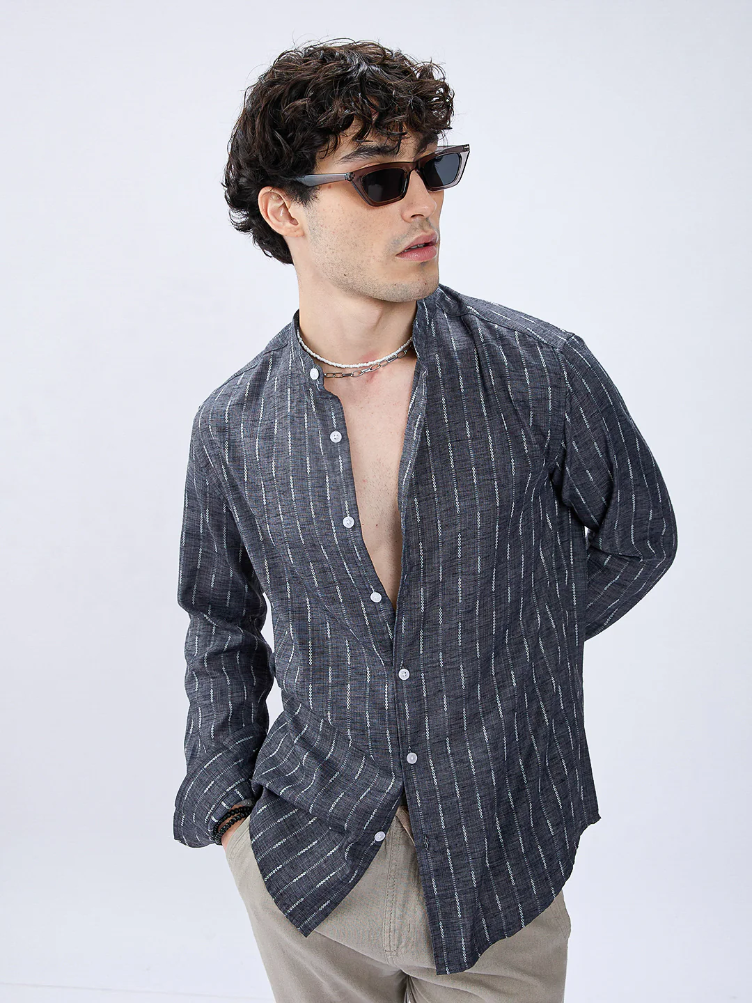 Charcoal Black Shadow-Weft Striped Mandarin Shirt - Image 2