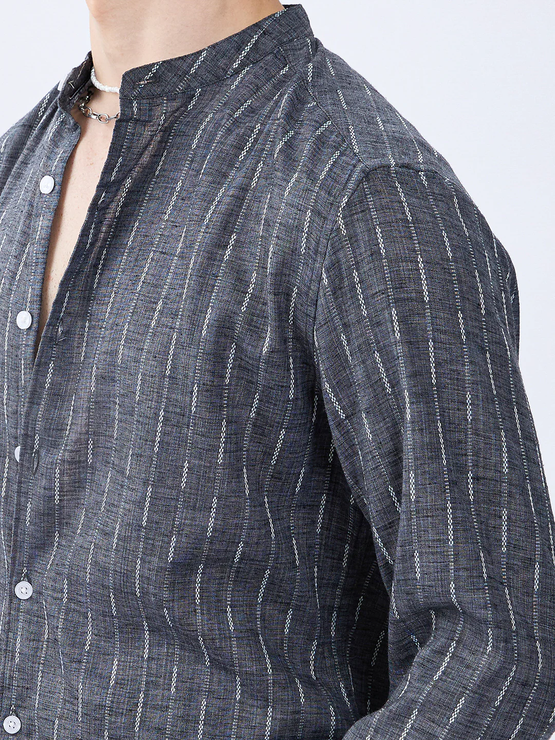 Charcoal Black Shadow-Weft Striped Mandarin Shirt - Image 3