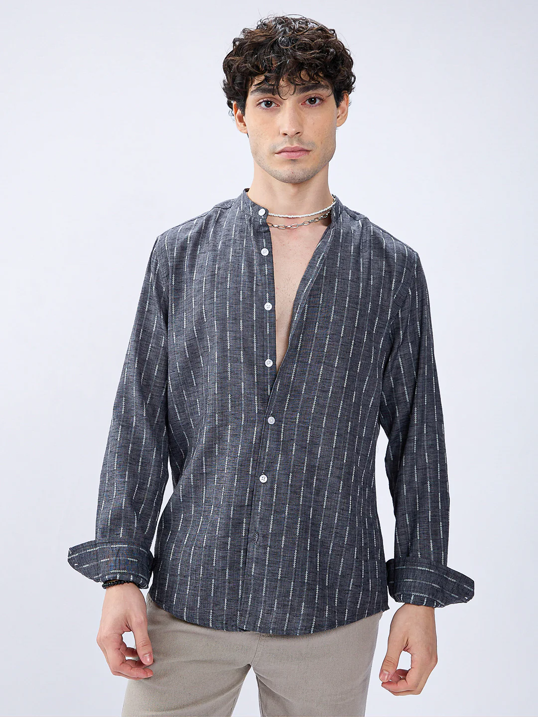 Charcoal Black Shadow-Weft Striped Mandarin Shirt - Image 4