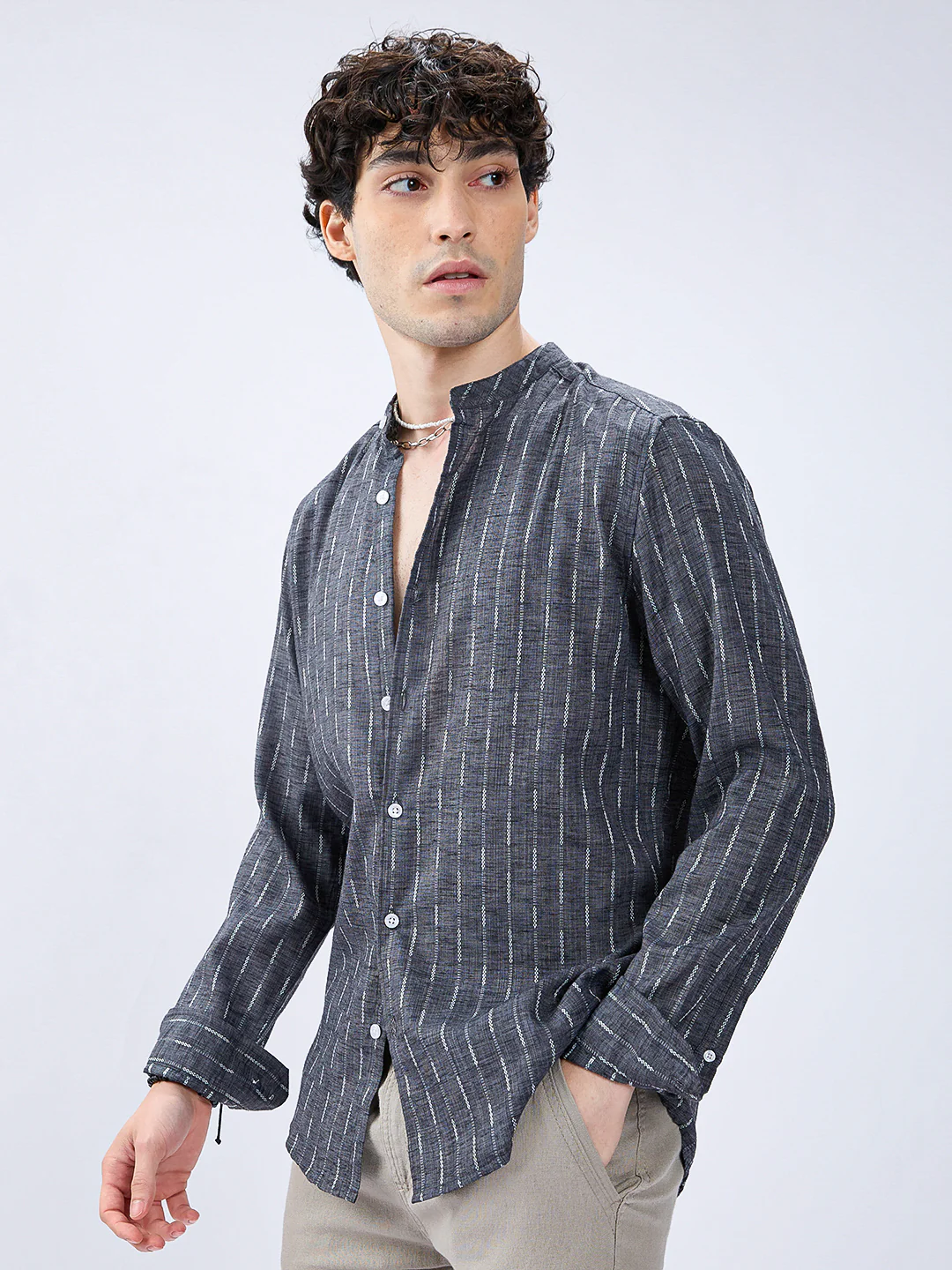 Charcoal Black Shadow-Weft Striped Mandarin Shirt - Image 5
