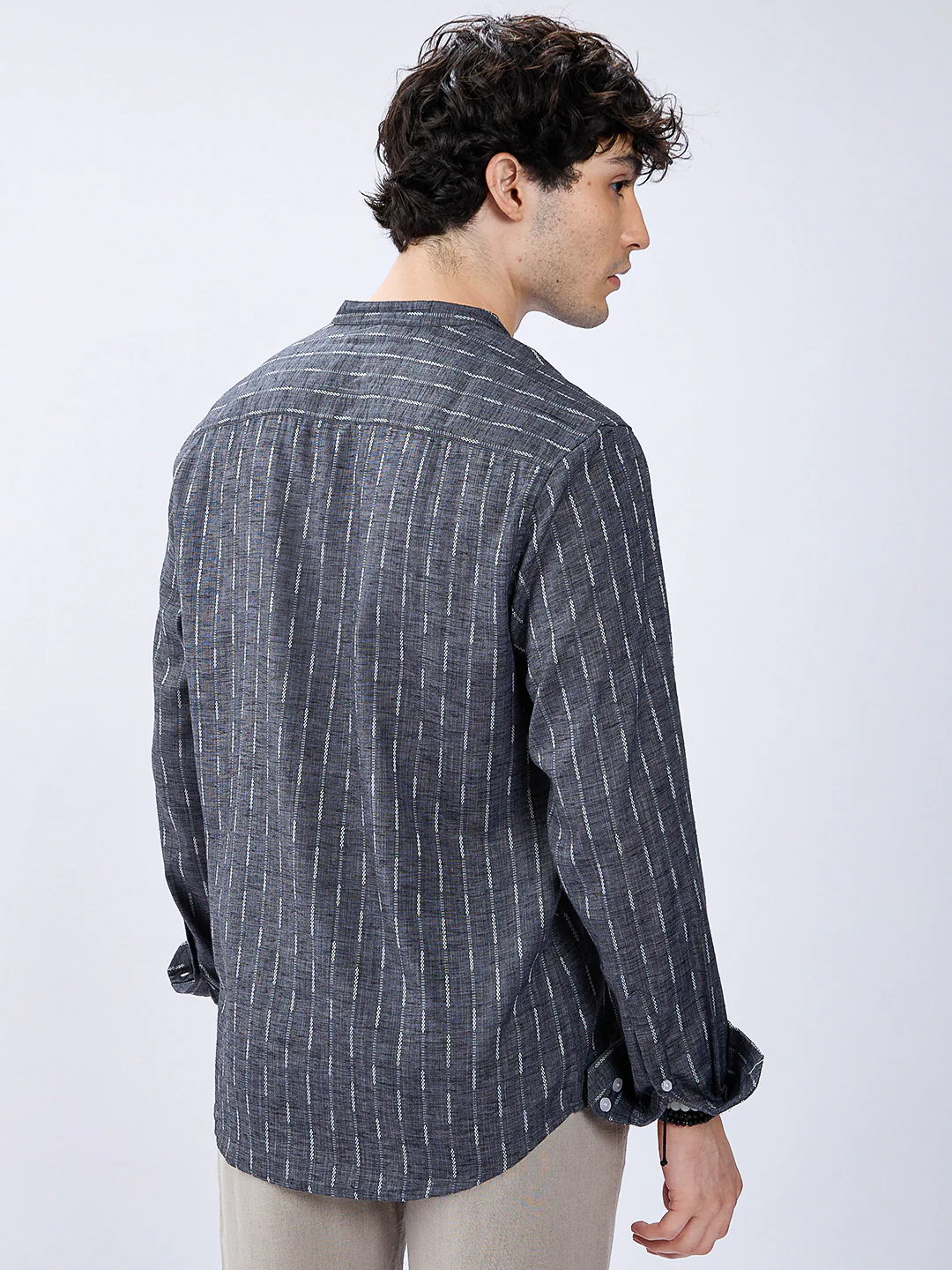 Charcoal Black Shadow-Weft Striped Mandarin Shirt - Image 6