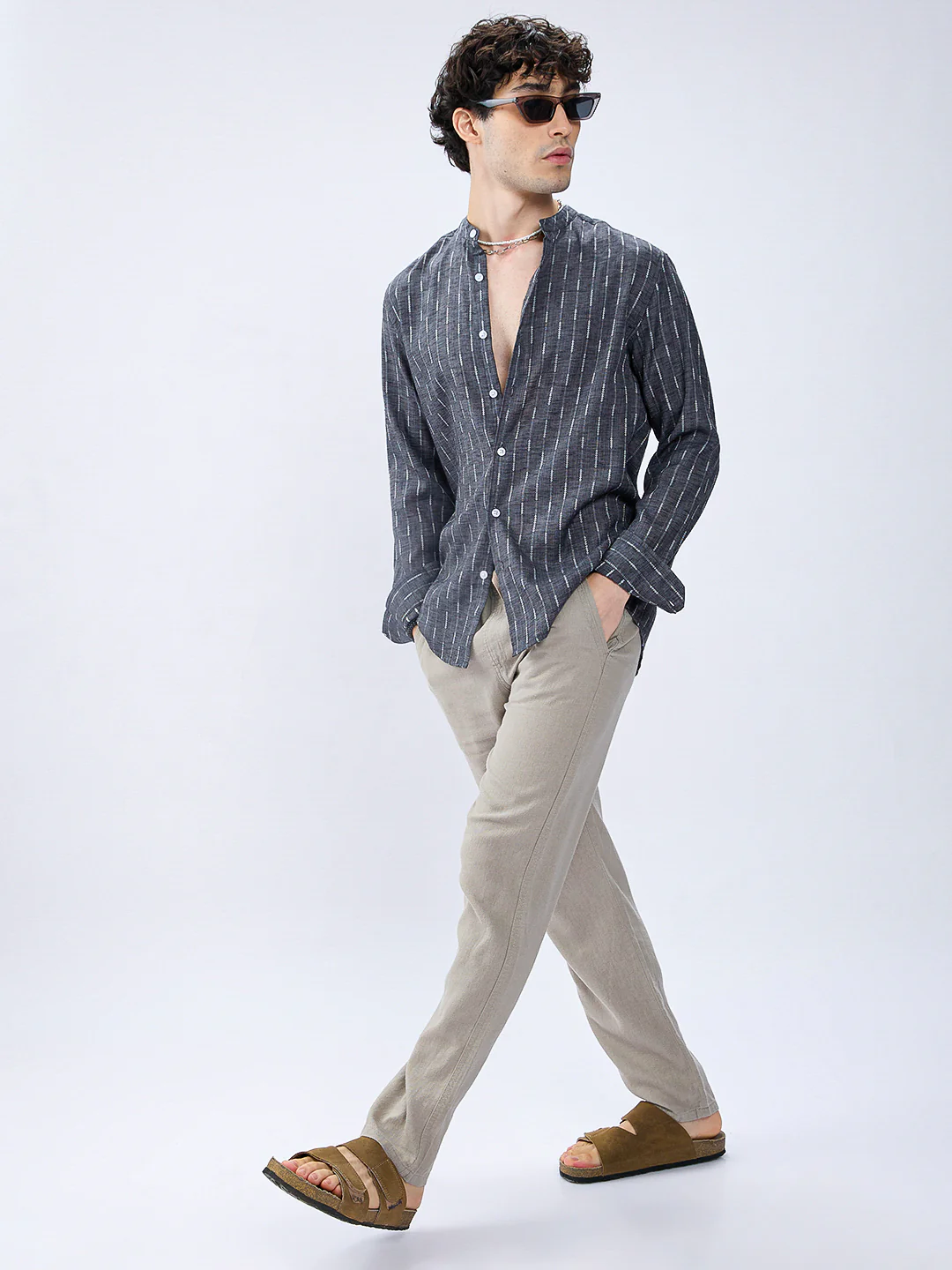 Charcoal Black Shadow-Weft Striped Mandarin Shirt - Image 7