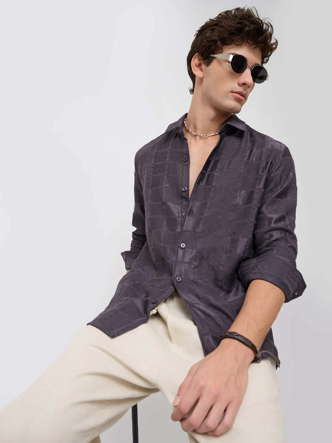 Charcoal Grey Block Checks Motif Embossed Shirt - Image 2