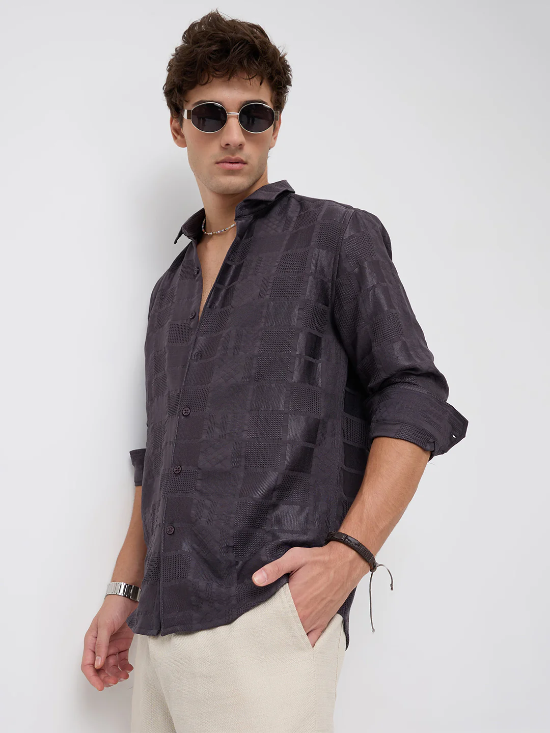 Charcoal Grey Block Checks Motif Embossed Shirt - Image 4