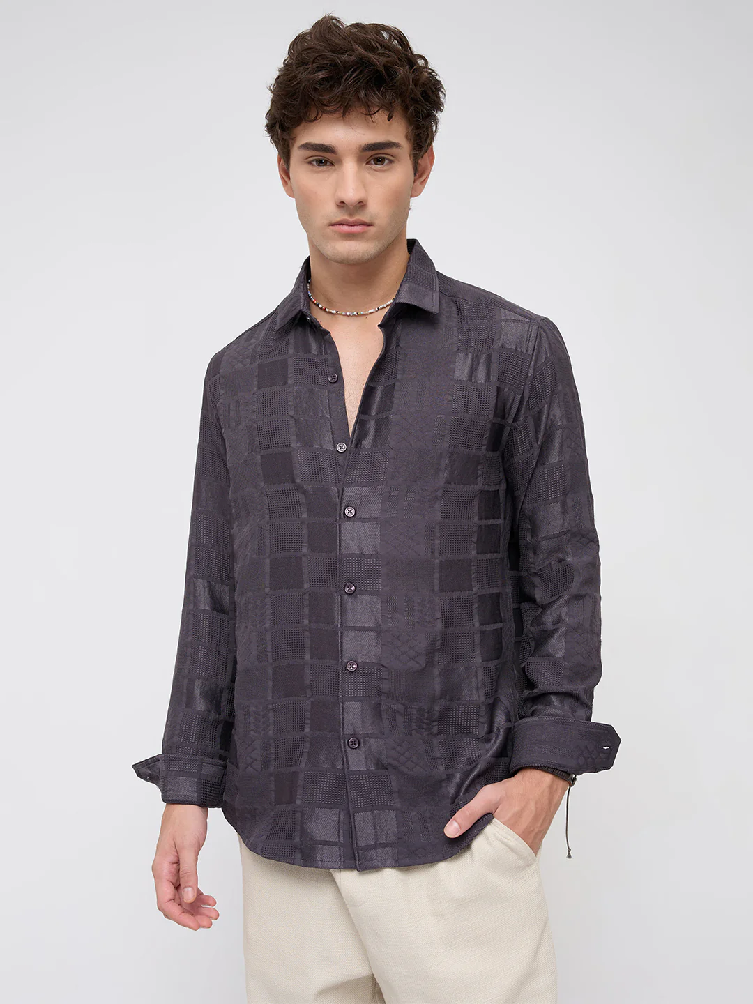 Charcoal Grey Block Checks Motif Embossed Shirt - Image 5