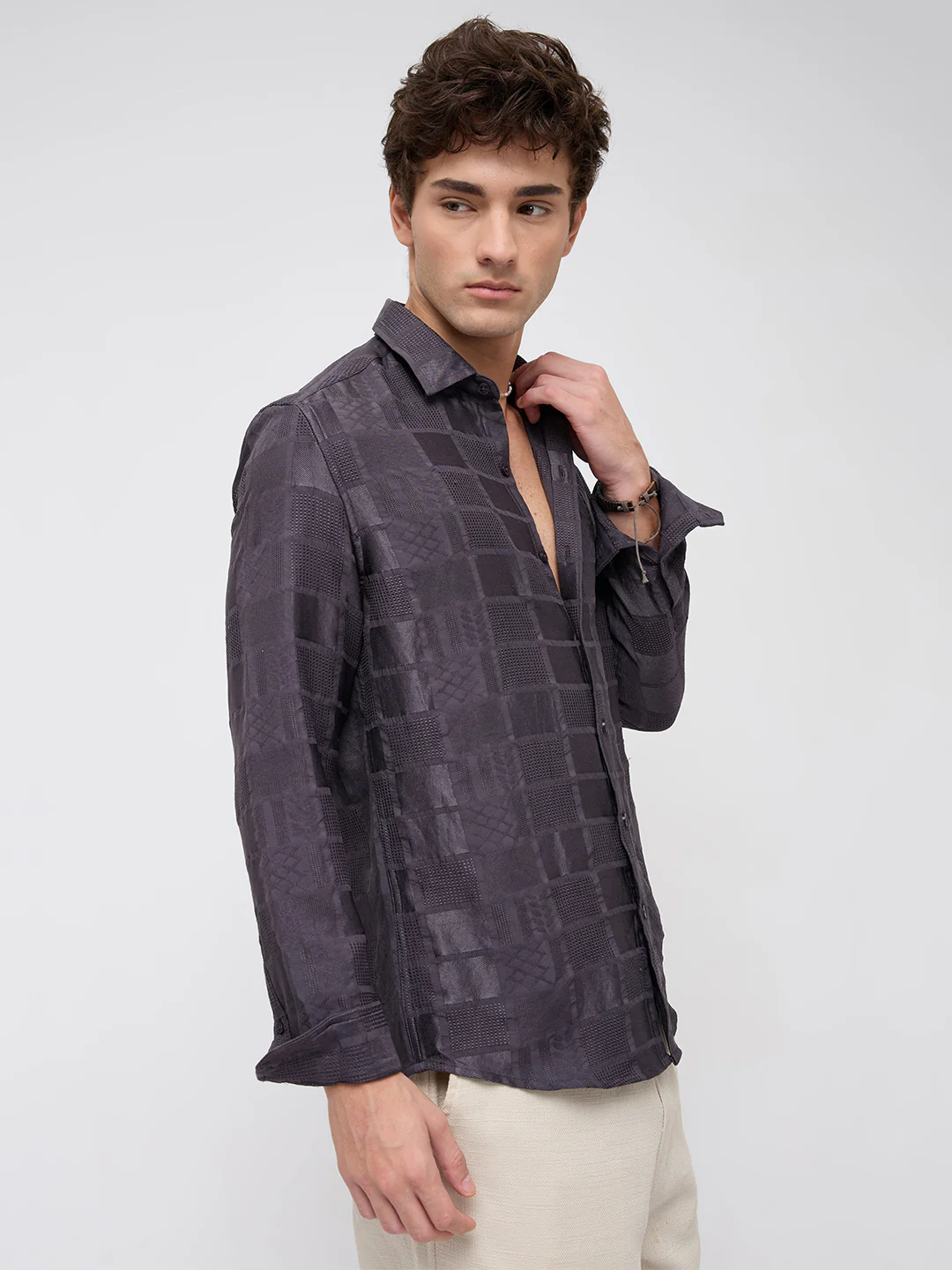 Charcoal Grey Block Checks Motif Embossed Shirt - Image 6