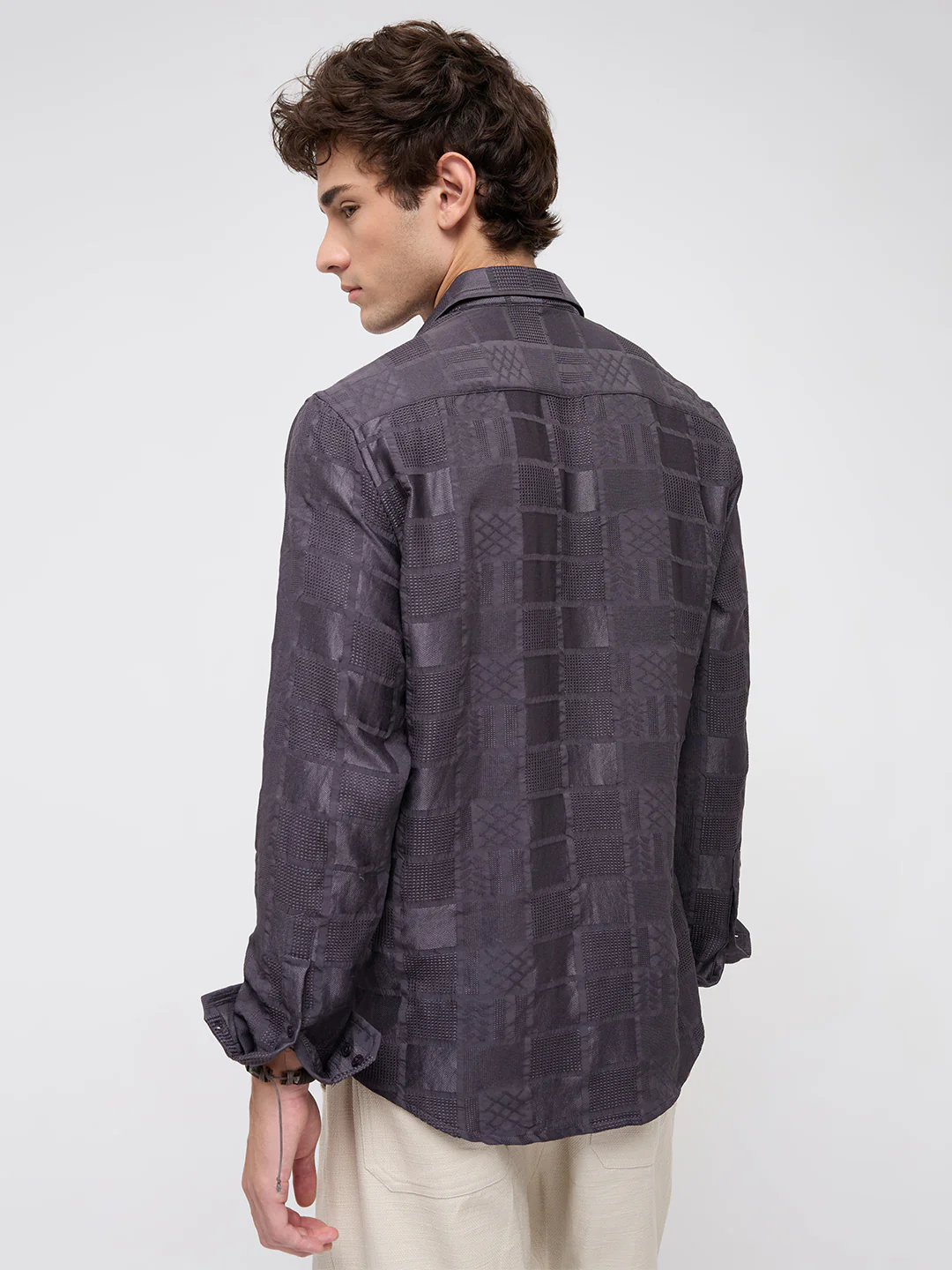 Charcoal Grey Block Checks Motif Embossed Shirt - Image 7