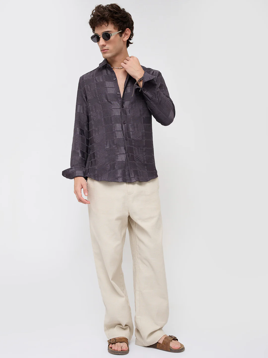 Charcoal Grey Block Checks Motif Embossed Shirt - Image 8